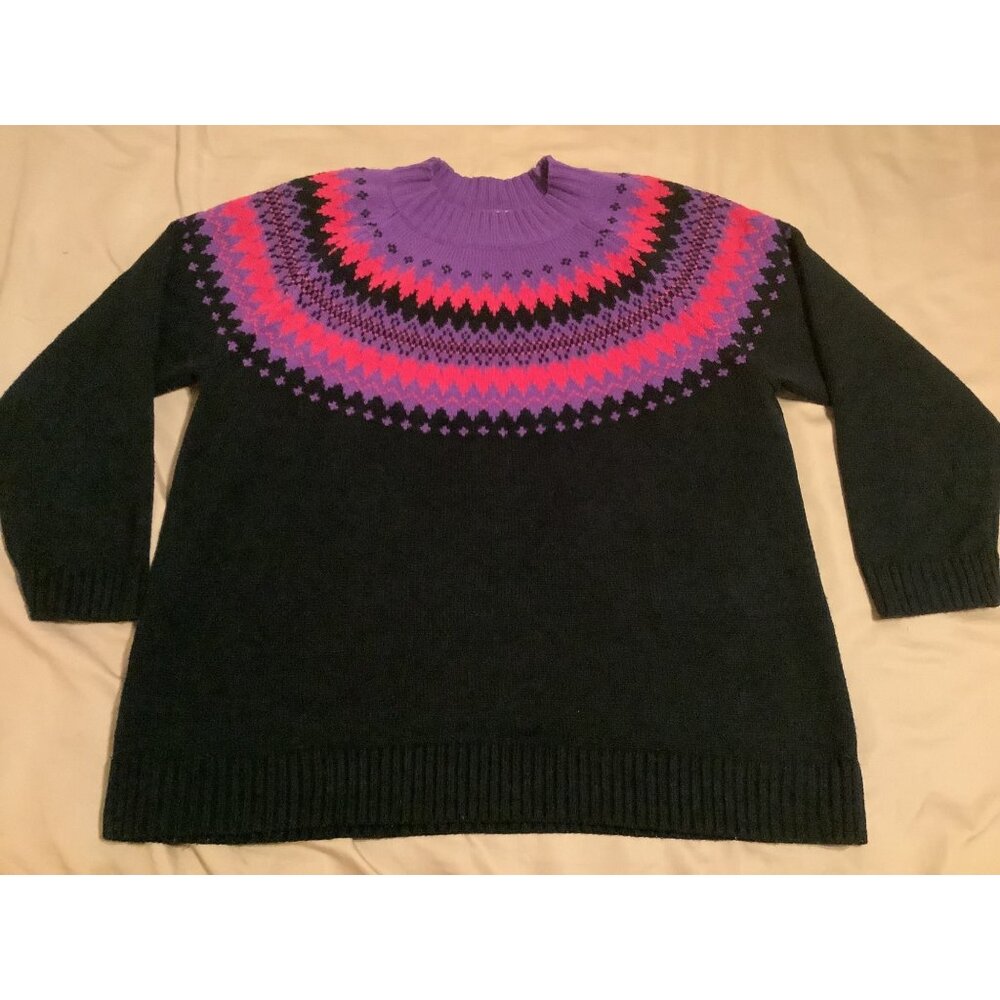 Fashion Bug 1X Black Sweater With Purple & Pink Fair Isle Yoke 100% Acrylic Knit
